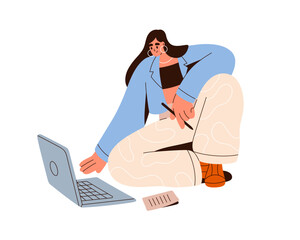 Woman works at laptop computer. Student with pen and paper at notebook, studying online, composing essay on floor. Freelancer taking notes. Flat vector illustration isolated on white background