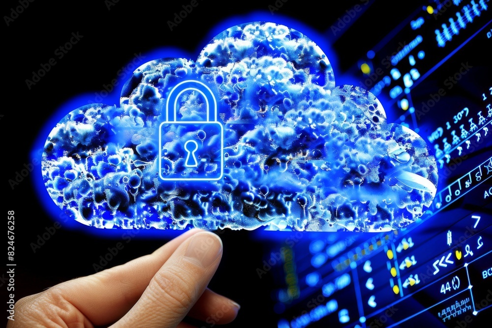 Poster cybersecurity cloud storage with glowing circuits and data integration, showcasing advanced technolo