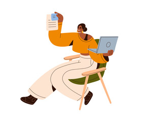 Woman working on laptop, holding paper document. Happy African-American female, creative freelancer sitting in chair, writing report, essay. Flat vector illustration isolated on white background