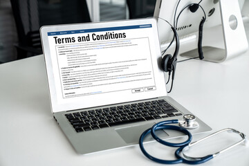 Digital legal contract provide terms and conditions document on computer screen ready for online...