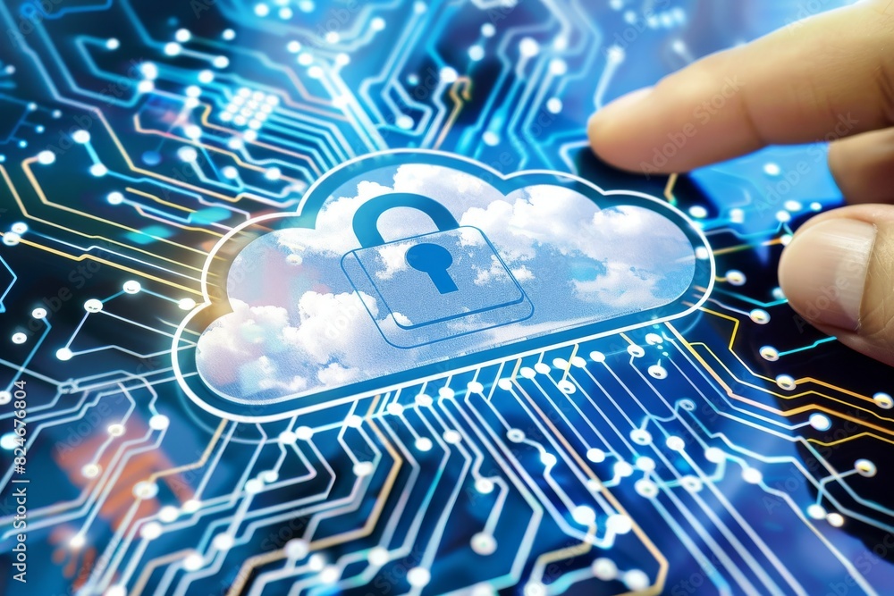 Poster innovative cloud storage with data protection and secure connections, illustrated in a dynamic digit