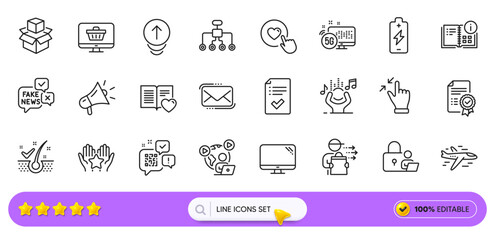 Lock, Web shop and 5g internet line icons for web app. Pack of Like button, Messenger mail, Video conference pictogram icons. Battery charging, Computer, Ranking signs. Megaphone. Search bar. Vector