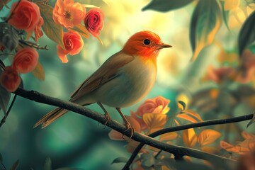 Obraz premium Surreal Bird branch digital art. Wonderful and multicolored small animal with wings. Generate AI