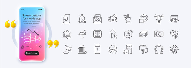 Fraud, Increasing percent and Idea gear line icons for web app. Phone mockup gradient screen. Pack of Waterproof umbrella, Radiator, Milestone pictogram icons. Vector