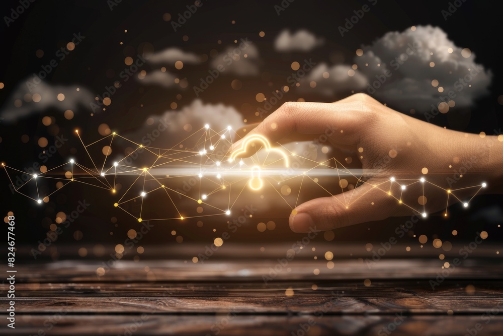 Poster cybersecurity cloud storage with diverse devices and secure connections, showcasing advanced data pr