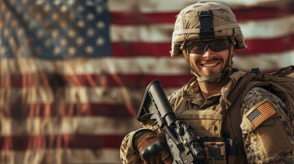 Happy US military man, soldier celebrating holiday against the backdrop of the American flag.