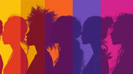 female diverse faces of different ethnicity in silhouette. March 8 International women day and the feminist movement for independence, freedom, and activism for woman rights, vector flat illustration