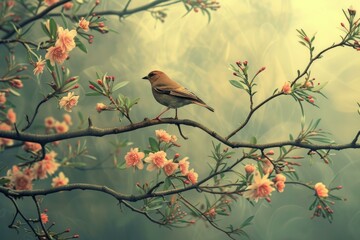 Perched Small bird on tree branch with flowers. Colorful bird sitting on twig with pink blossom. Generate ai