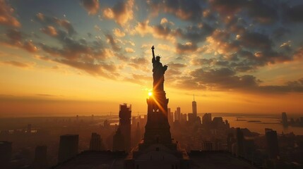 Naklejka premium Statue of Liberty stands proudly against a dramatic sunset. Freedom in the United States. Silhouettes of urban scene