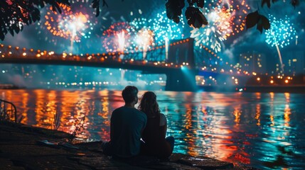 Couple sitting by a riverbank at night, watching dazzling fireworks over illuminated bridge. Romantic scene of celebration