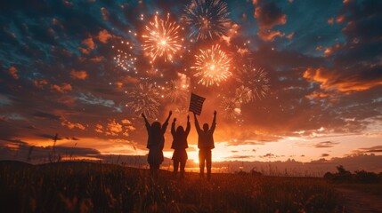 Group of four silhouetted figures standing on grassy hill at sunset, raising their hands in celebration, watching fireworks in the sky.