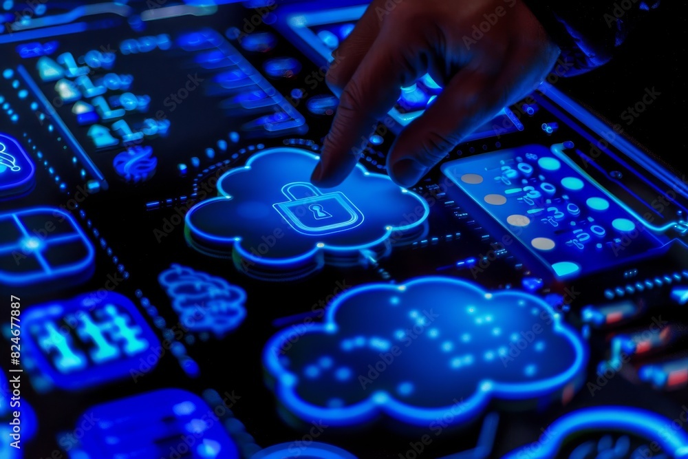 Poster comprehensive cloud storage with padlock and diverse devices, representing secure data protection an