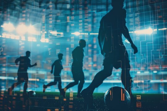 Silhouettes of soccer players with digital betting overlay on a stadium background