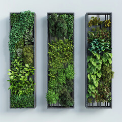 Fototapeta premium Blank modern vertical garden frame 3D rendered in various camera angles. Ultra HD mockup for eco-friendly designs.