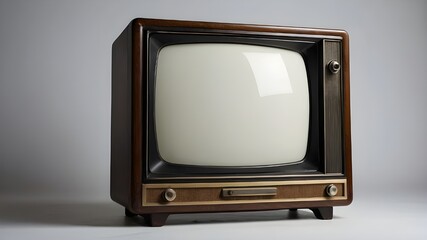 An isolated, antique, retro television set with a blank screen set against a white backdrop.