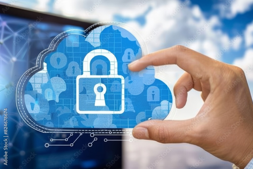 Poster multifaceted cloud computing with padlock, data connections, and secure storage, representing advanc