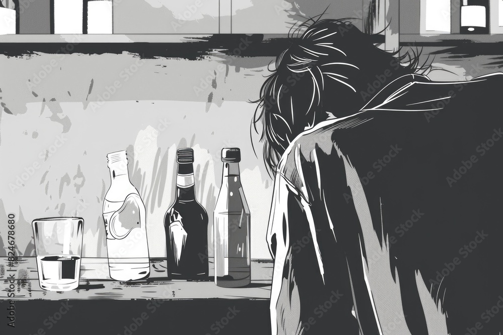 Poster a person standing in front of a counter with bottles, suitable for commercial use