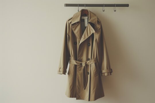 A tan trench coat hanging neatly on a wall. Suitable for fashion or interior design concepts
