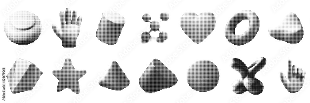 Poster halftone design elements. y2k shapes. bitmap 3d dotted objects for design vector set