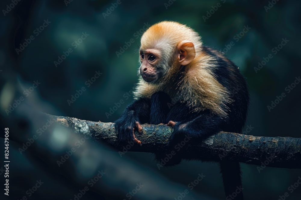 Poster a monkey perched on a high tree branch. suitable for wildlife and nature themes