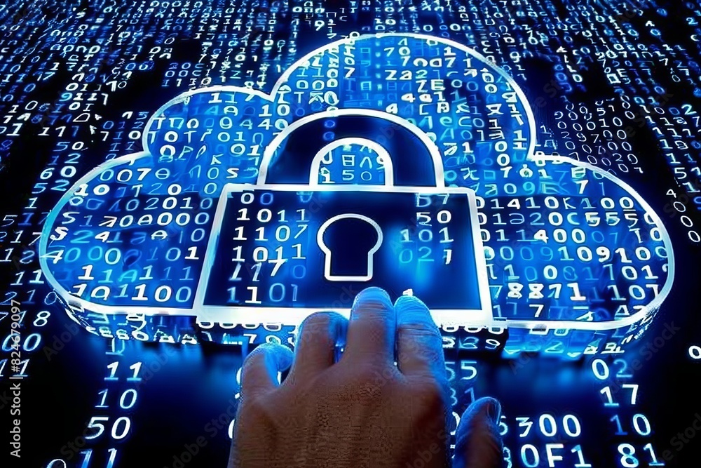 Poster advanced cloud storage with data protection and secure connections, illustrated with diverse devices