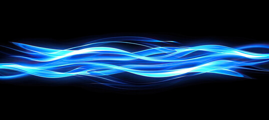 Waved blue neon light element with swoosh effect , isolated on black background