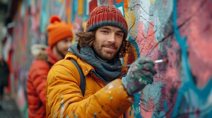 Obraz premium Urban Artists: Non-Binary and Male Couple Painting Vibrant Mural Together on City Wall