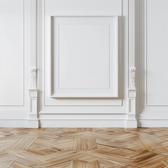 Blank frame in an empty room with a white wall and a beech wood floor. 3D rendered mockup in ultra HD.