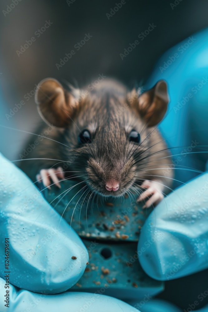 Poster a mouse sitting in a gloved hand. suitable for various concepts and designs