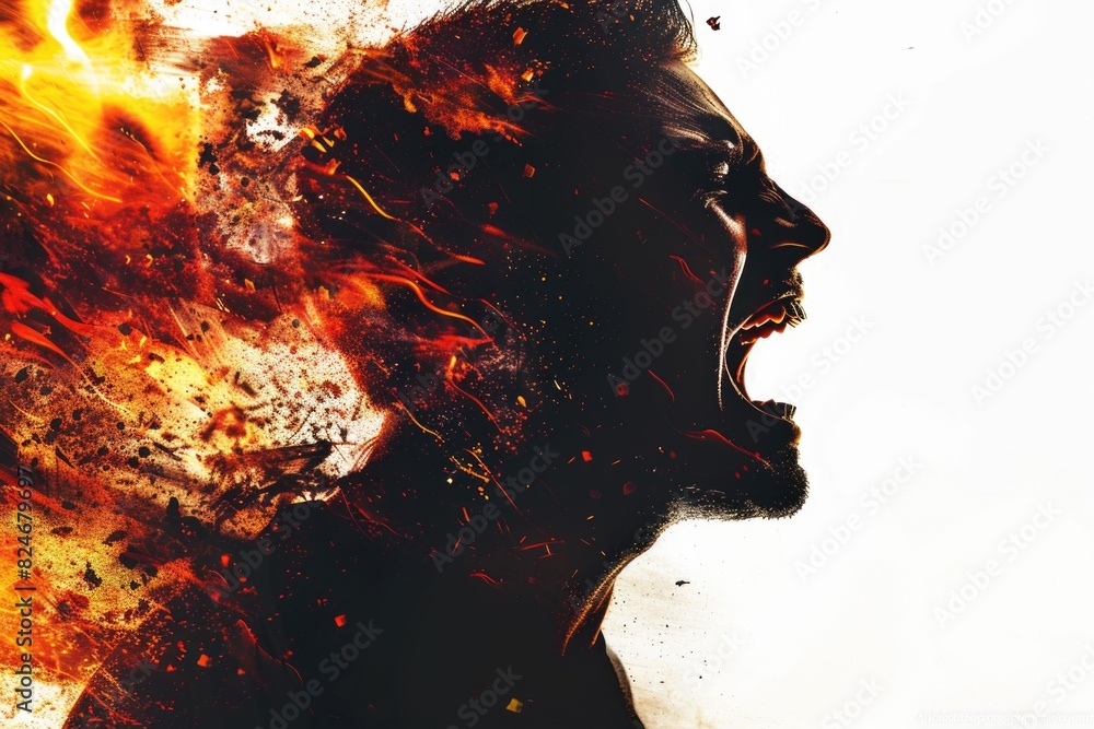 Leinwandbilder a man with his mouth open standing in front of a fire. suitable for various concepts and designs
