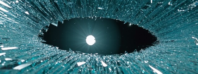 Hole in the broken window glass by a bullet shot. Circular cracks spreading around the hole. Bullet shatters window glass aftermath reveals mended.