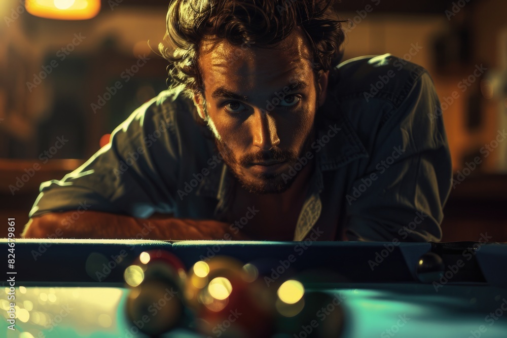 Poster A man leaning over a pool table with balls. Suitable for sports and leisure concepts