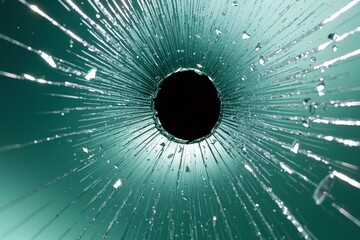 Hole in the broken window glass by a bullet shot. Circular cracks spreading around the hole. Bullet shatters window glass aftermath reveals mended.