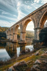A picturesque stone bridge over a tranquil body of water. Ideal for travel and nature themes
