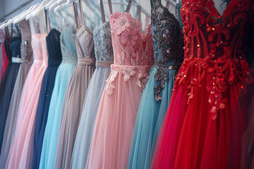 legant formal dresses for sale in luxury modern shop boutique. Prom gown, wedding, evening, bridesmaid dresses dress details. Dress rental for various occasions and events.