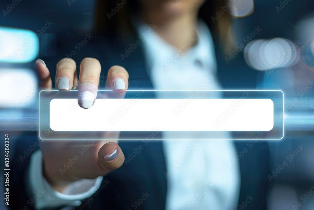 Poster a woman in a business suit pressing a button. suitable for technology and business concepts
