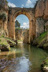 Naklejka premium A picturesque bridge over a river with rocky surroundings. Ideal for travel or nature-themed designs