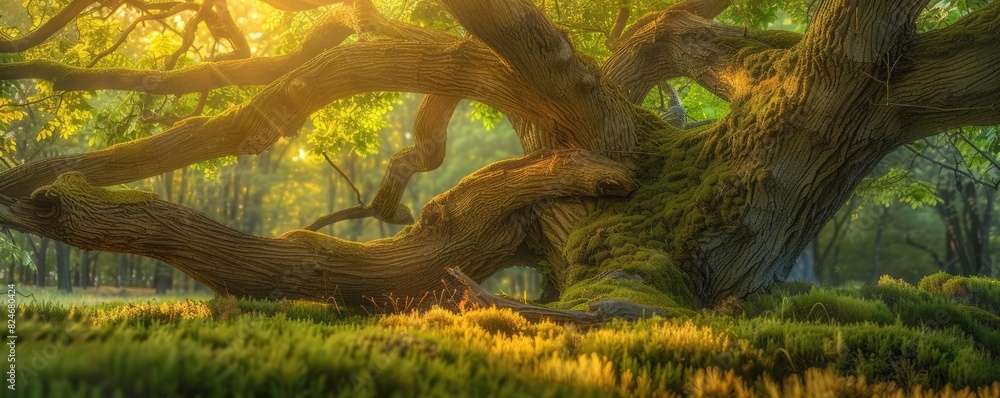 Poster serene forest scene with sunlight filtering through trees, illuminating a majestic, ancient, moss-co