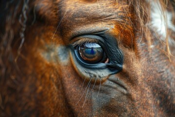 Detailed close up of a brown horse's eye, suitable for animal and nature themes