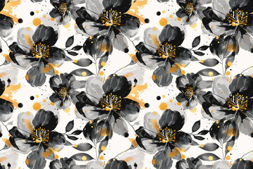 Black and gold floral pattern with bold flowers and leaves on white. Perfect for seamless decoration and elegant design projects.