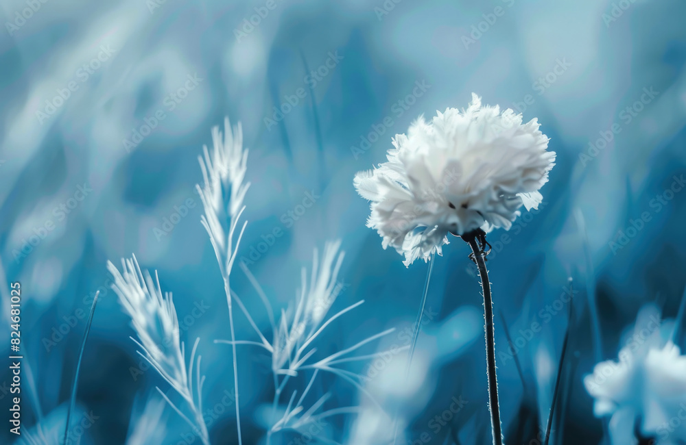 Poster a single white flower standing out in a field of green grass. suitable for various nature-themed pro