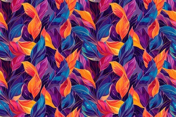 Vibrant abstract leaf pattern with colorful leaves in orange, blue, and purple. Perfect for seamless decoration and artistic design projects.