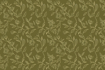Fototapeta premium Minimalistic floral pattern with simple outlines of flowers and leaves on an olive green background. Ideal for seamless decoration and subtle design projects.