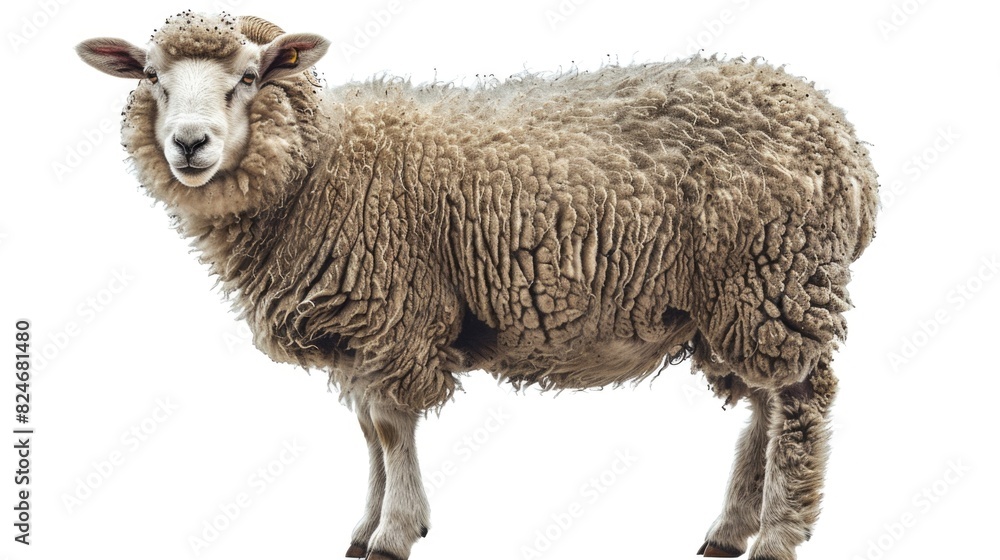 Poster a single sheep standing in front of a plain white background. suitable for various design projects
