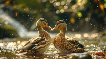 Two ducks standing in a body of water, suitable for nature and wildlife themes