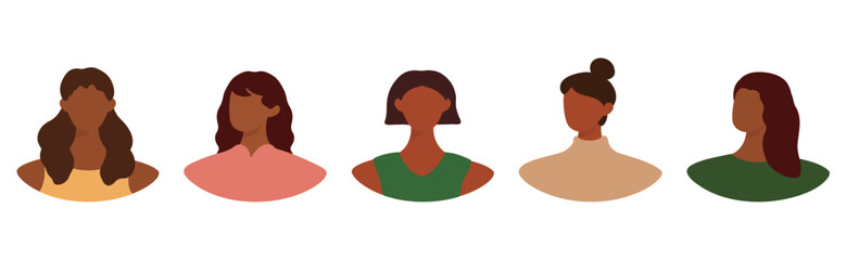 Collection of different female avatars without a face. User icons with black women. Modern vector illustration.
