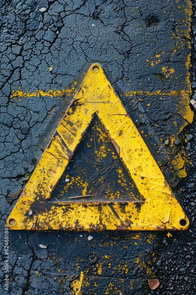 Poster a yellow triangular sign on the side of a road. suitable for traffic or safety concepts