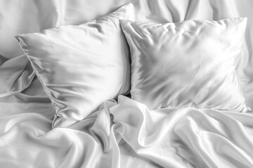 Comfortable white bed with pillows and blanket, perfect for home decor websites
