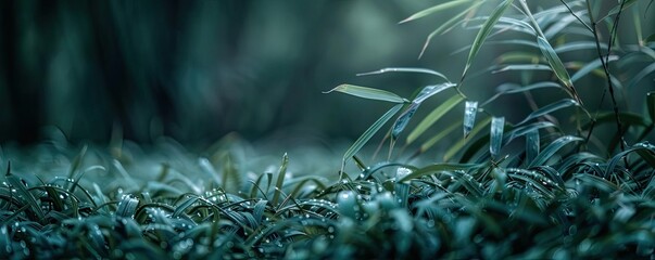 Close-up of green grass and leaves with fresh dewdrops in a serene natural setting, creating a calming outdoor atmosphere.