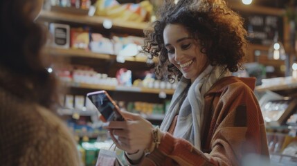A woman checking her phone in a retail store. Suitable for illustrating modern technology in retail environments